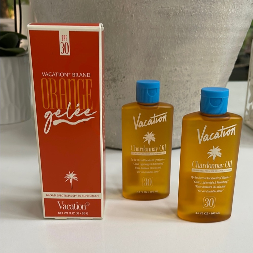 NWT vacation Orange Gelee Sunscreen and (2) Chardonnay oils each 3.4 fl oz